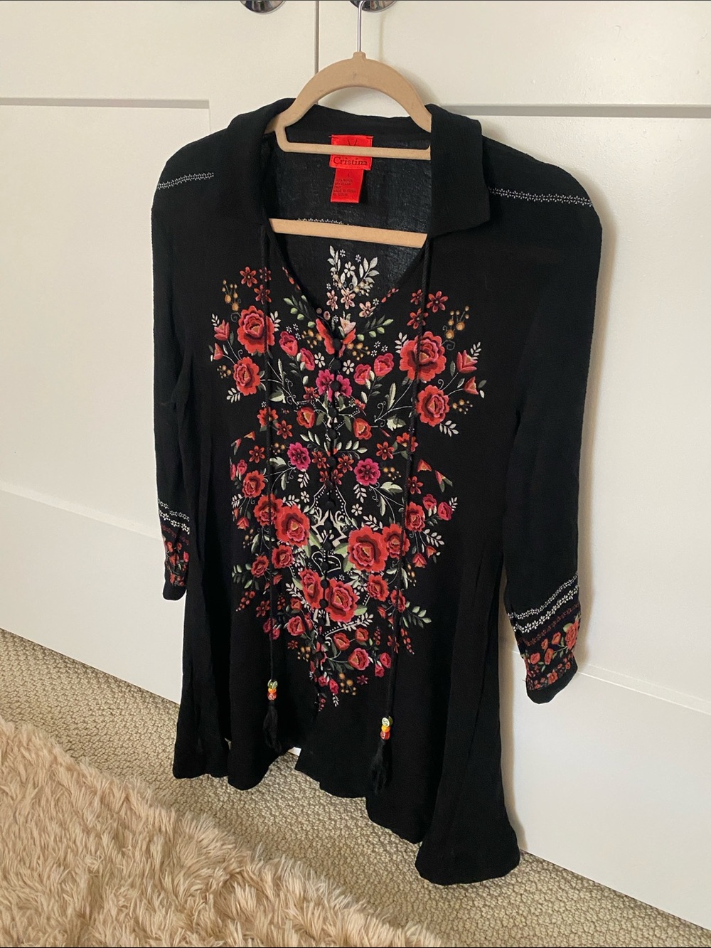 V Cristina Black Tunic with Red & Pink Floral Embroidery